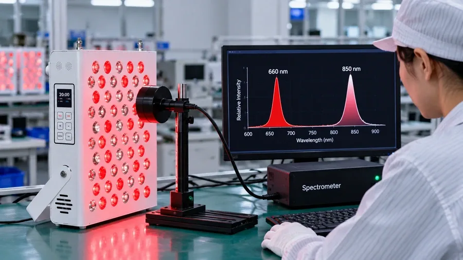 Factory floor testing station showing a spectrometer measuring exact nanometer o