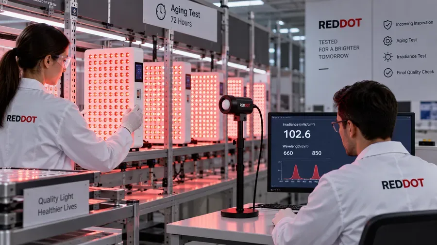 Factory technicians conducting multi-stage LED aging and irradiance tests on lig