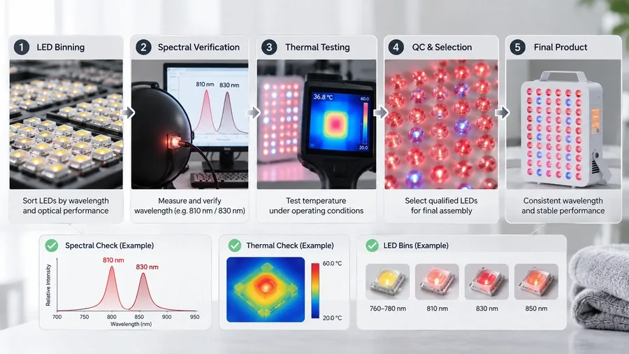 Flowchart showing LED binning process thermal testing and spectral verification