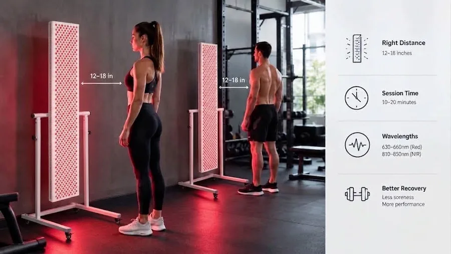 Gym members using professional red light panels at correct distances — How to us