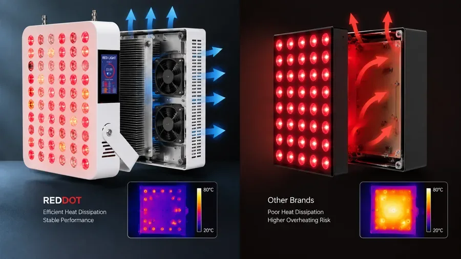 Heat dissipation pathways inside a red light therapy panel compared to a failing