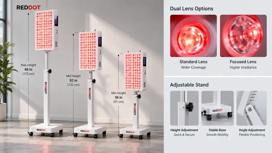 Illustrative diagram showing adjustable height stands and dual lens options on a
