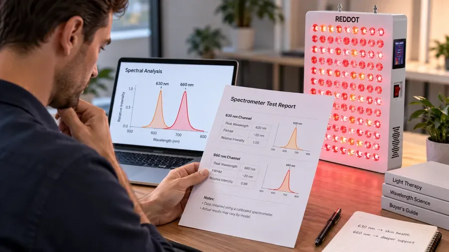 Informed buyer reviewing a spectrometer report next to a red light therapy devic