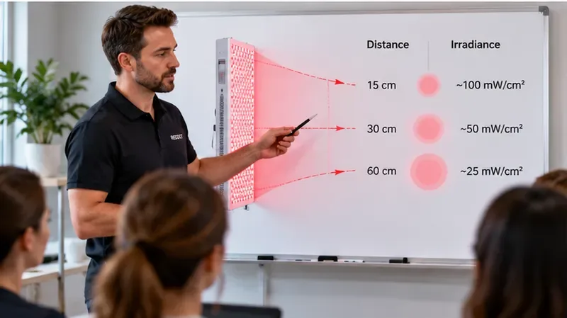 Instructor explaining distance and irradiance relationship on whiteboard — How t