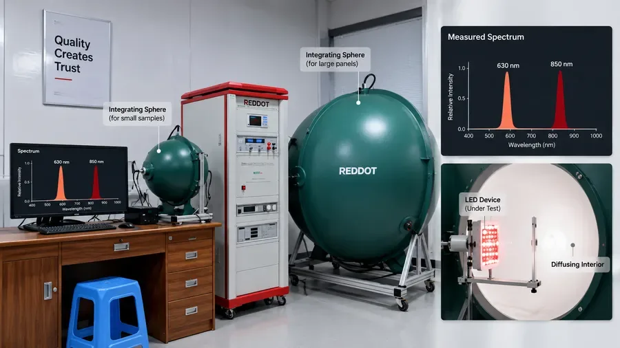 Integrating sphere setup measuring exact LED wavelength output for quality contr