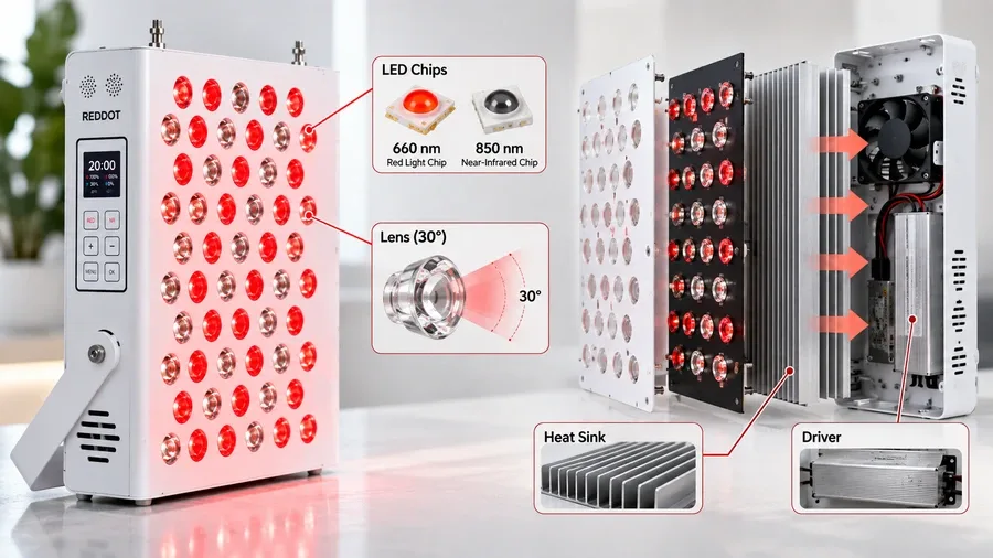 Labeled diagram of a red light therapy panel highlighting LED chip types, lens a
