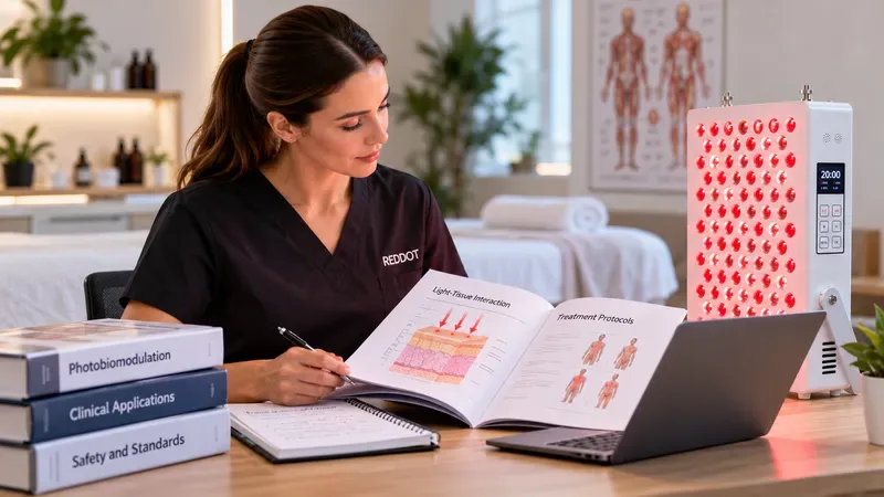 Massage therapist reviewing photobiomodulation course materials — How to become