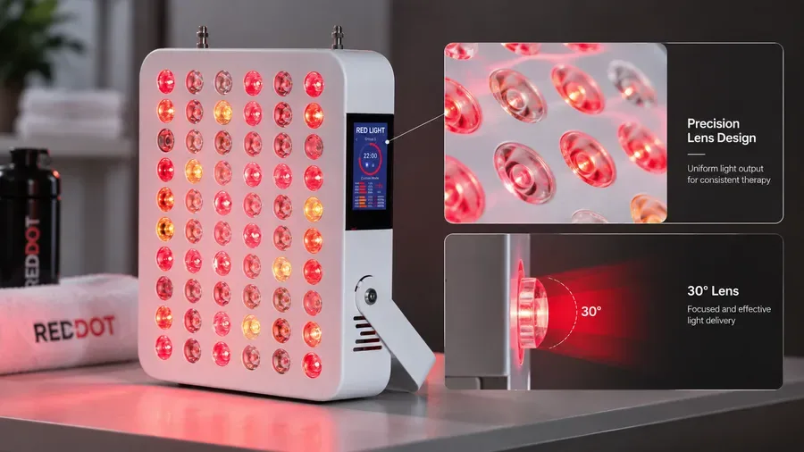Medical-grade LED array showing precise lens alignment for red light therapy — R