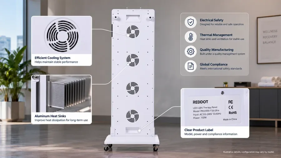 Medical-grade LED panel highlighting heat sinks and certification labels for saf