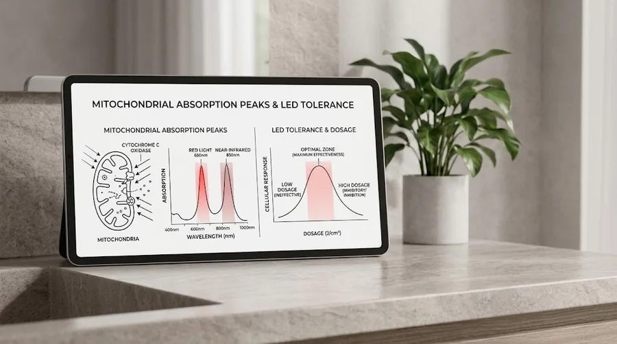 Mitochondrial absorption peaks and LED tolerance diagram — Red Light Therapy for