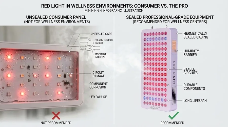 Moisture ingress inside unsealed LED panel exposed to steam — How to add red lig