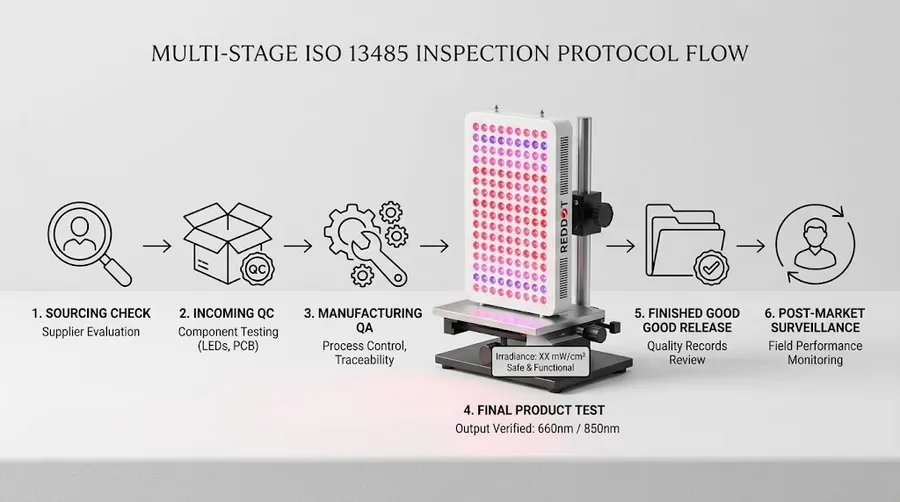 Multi-stage ISO 13485 inspection protocol flowchart from component sourcing to f