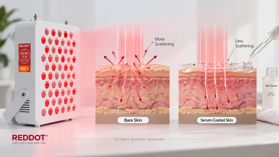 Optical diagram showing photon scattering on serum-coated versus bare skin for L