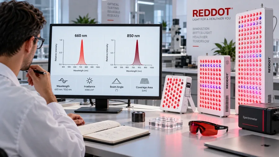 Optical engineer reviewing spectral output data to compare red light therapy dev