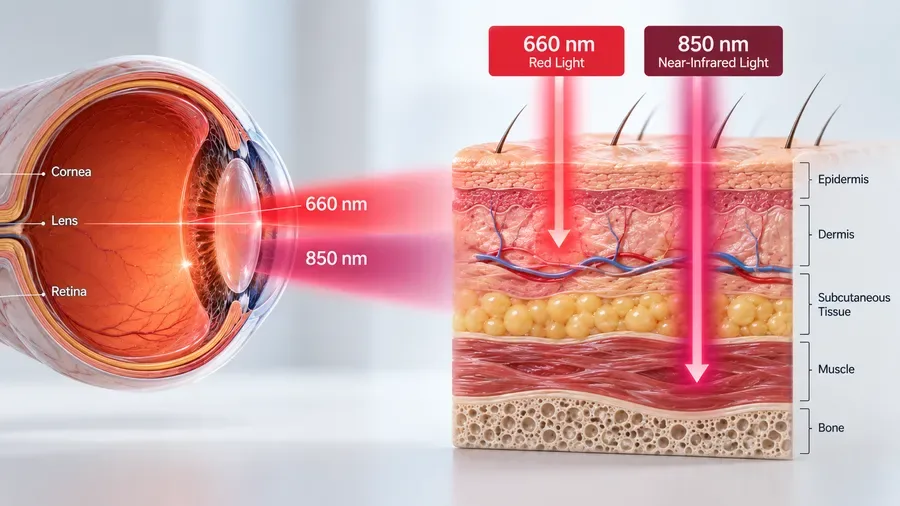 penetration depth flowchart for 660 nm versus 850 nm — 660 nm red light for eyes