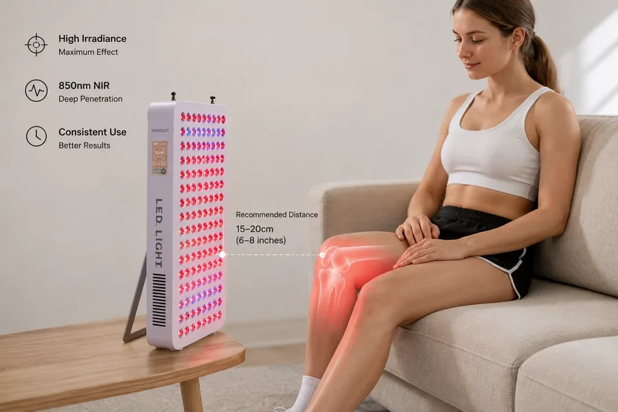 Person positioning high-irradiance panel at precise distance from knee — Light T