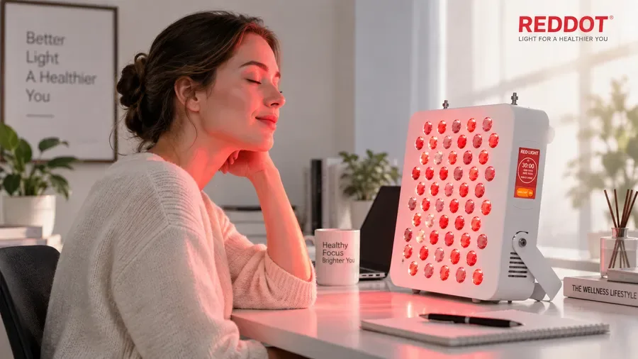 Person sitting comfortably at desk using desktop LED panel on bare clean skin in