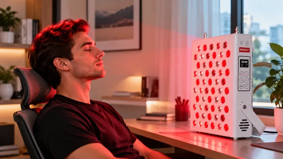 Person sitting comfortably in front of a desktop LED panel during a home hair th