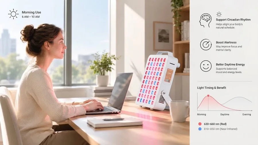 Person using a desktop red light panel at a desk during morning hours to underst