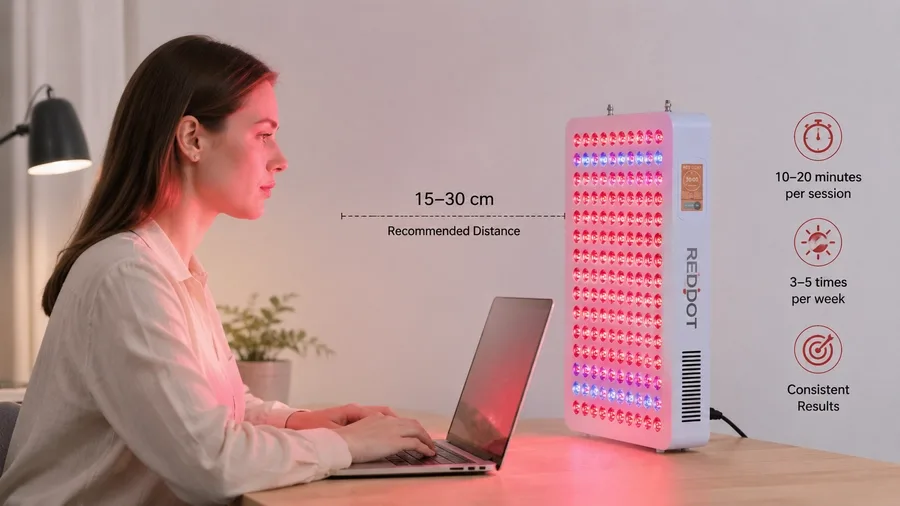 Person using adjustable red light therapy desk lamp at measured distance — Light