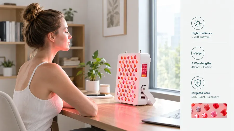 Person using compact LED light therapy panel at home desk — LED light therapy at