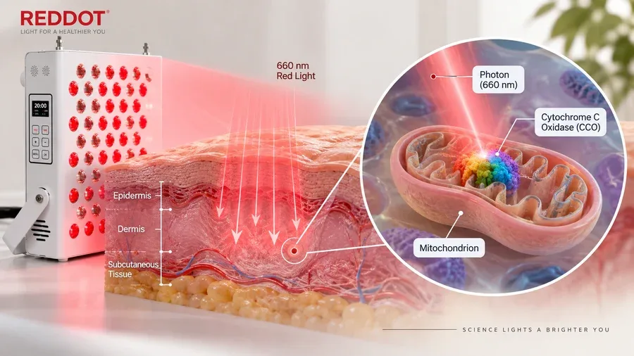 Photobiomodulation cross-section showing photons reaching mitochondria for How D