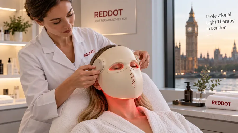 Practitioner adjusting wireless medical-grade LED mask in London clinic — Light 
