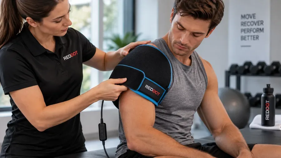Practitioner applying flexible LED pad to athlete shoulder — LED Therapy Light P