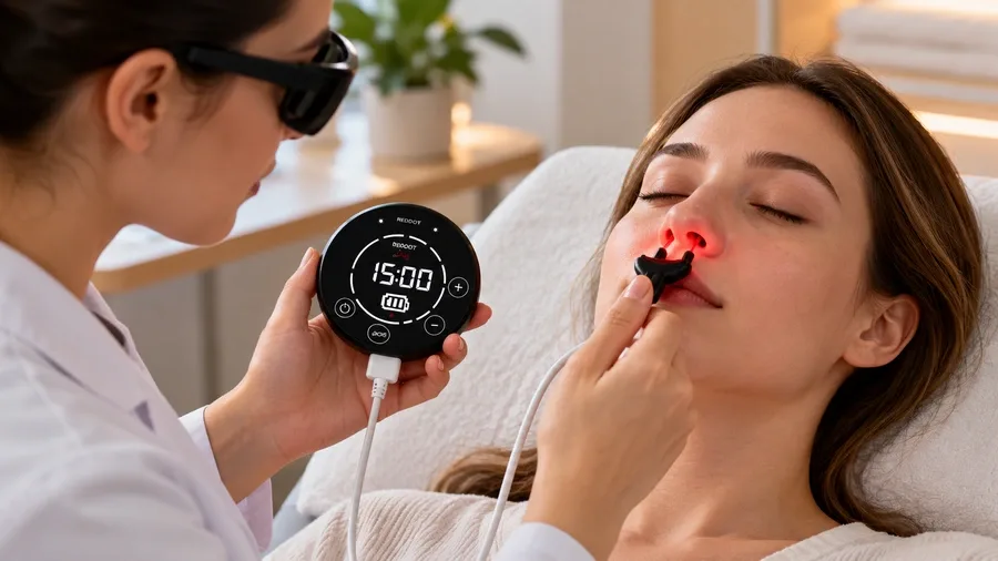 Practitioner using a small targeted red light device on a patient's nasal area —