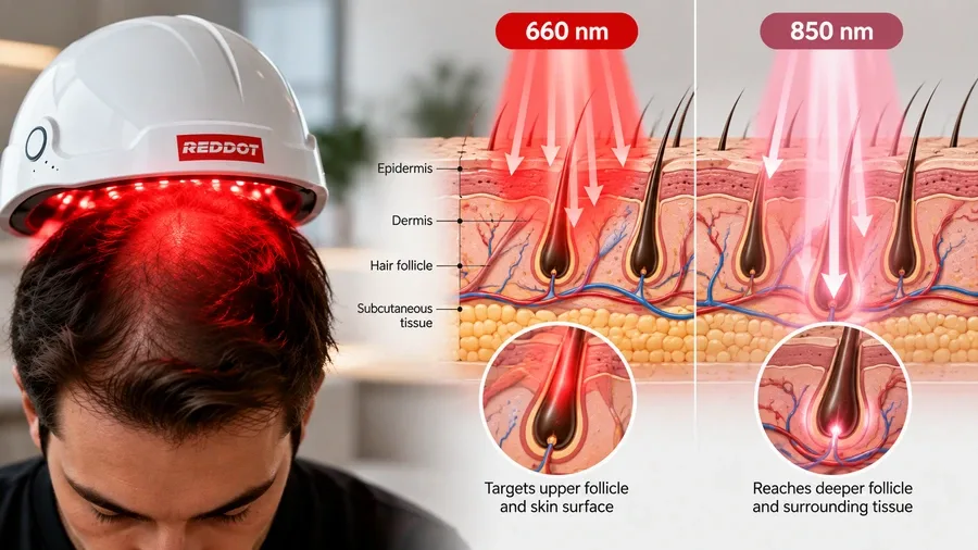 Process diagram of 660nm and 850nm light reaching hair follicle depths to explai