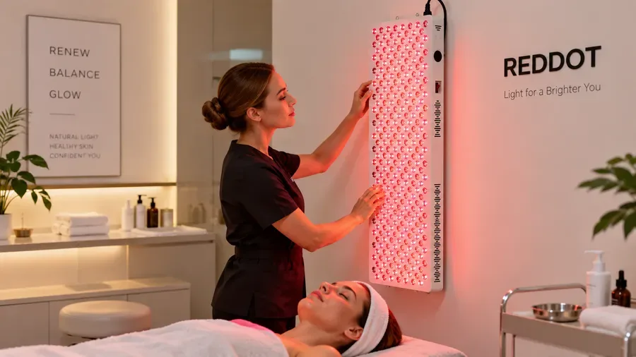 Professional aesthetician adjusting a wall-mounted red light panel in a modern d