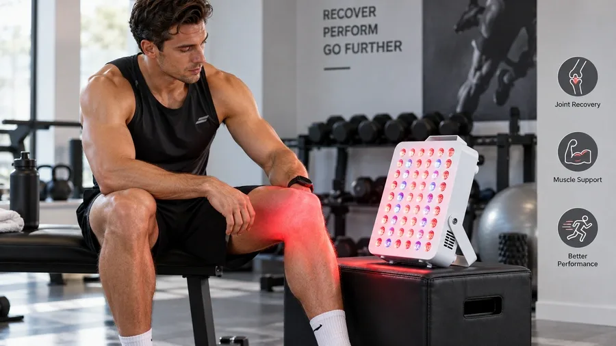 Professional athlete receiving targeted near-infrared light therapy in a modern