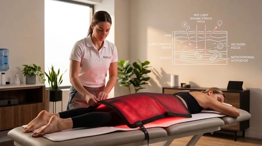 Professional trainer adjusting a red light therapy mat for an athlete post-train