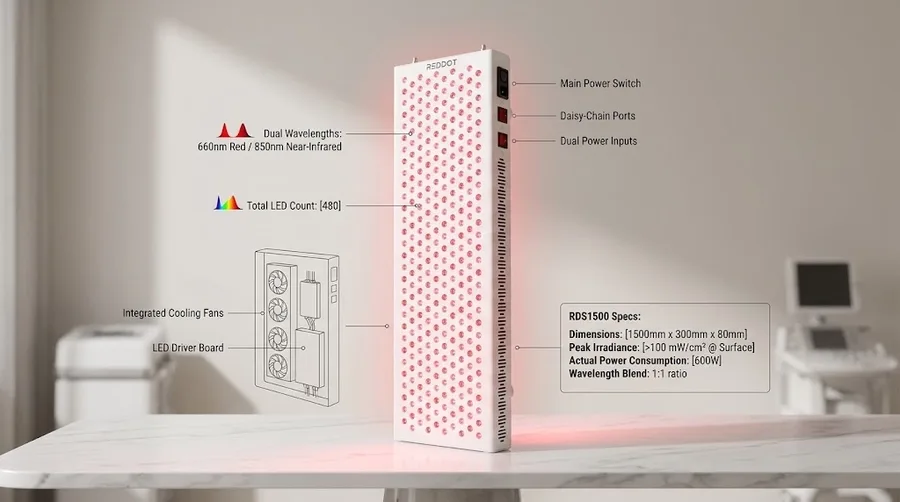 RDS1500 panel technical schematic with labeled specs — Red Light Therapy for Hai