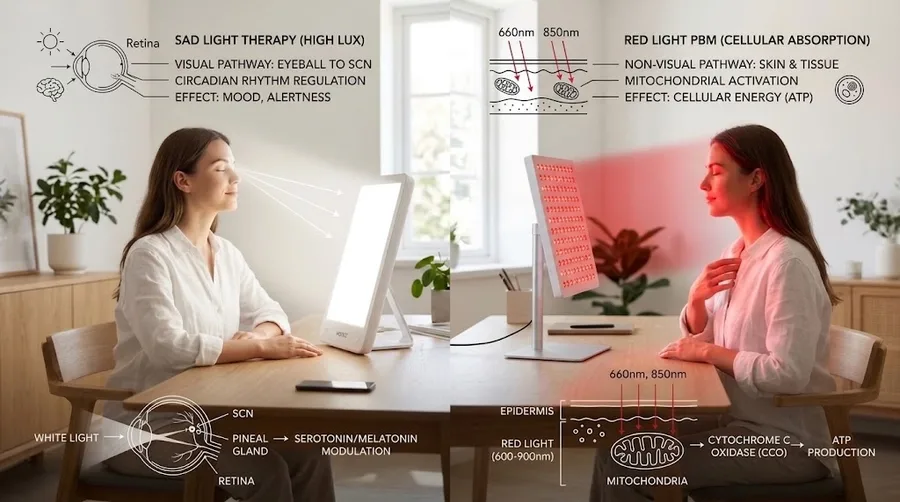 SAD lux versus red light photobiomodulation cellular absorption comparison — Lig