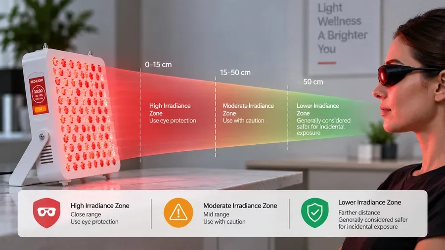 safe versus hazardous irradiance zones comparison — 660 nm red light for eyes