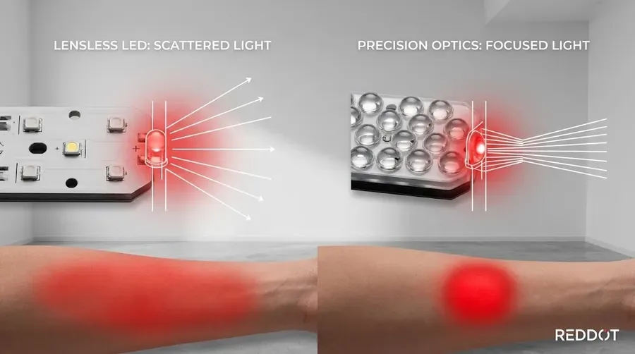 Scattered light from lensless LED versus focused light through precision optical