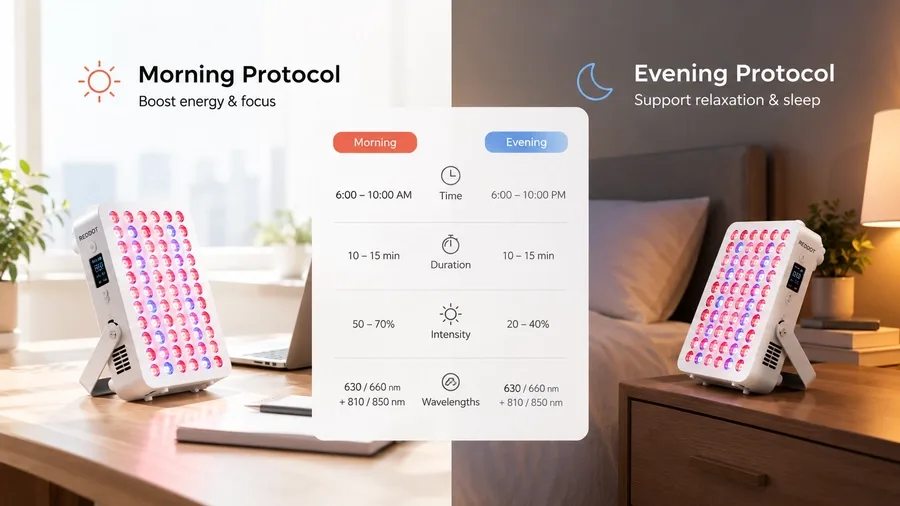 Side-by-side comparison chart showing morning protocol specs versus evening prot