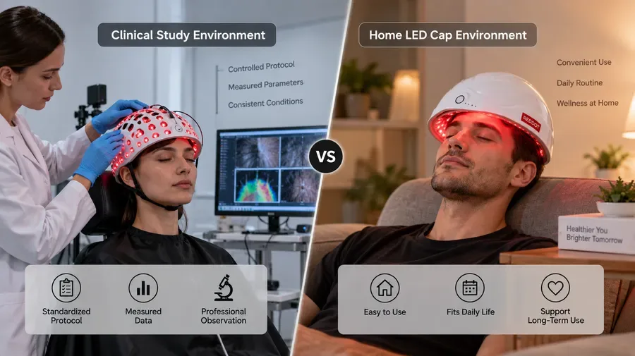 Side-by-side comparison of clinical study setup and home LED cap environment — I