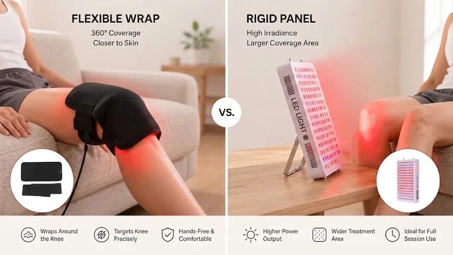 Side-by-side comparison of flexible wrap versus rigid panel on knee — Light Ther