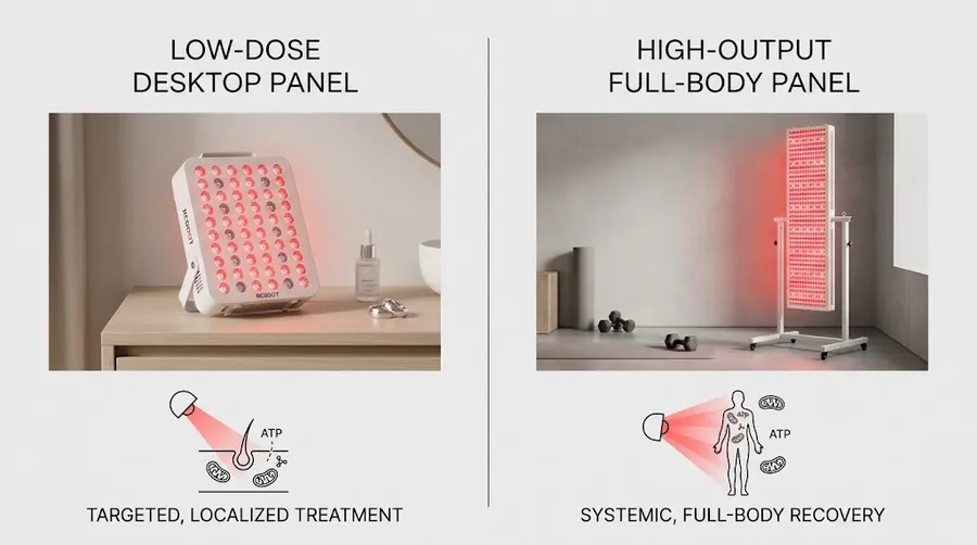 Side-by-side comparison of low-dose desktop panels versus high-output full-body