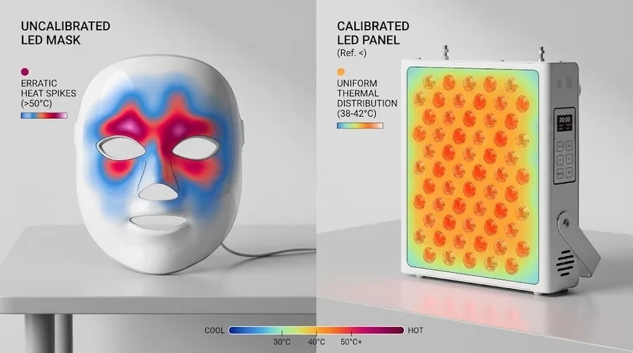 Side-by-side illustration comparing heat distribution in an uncalibrated LED mas