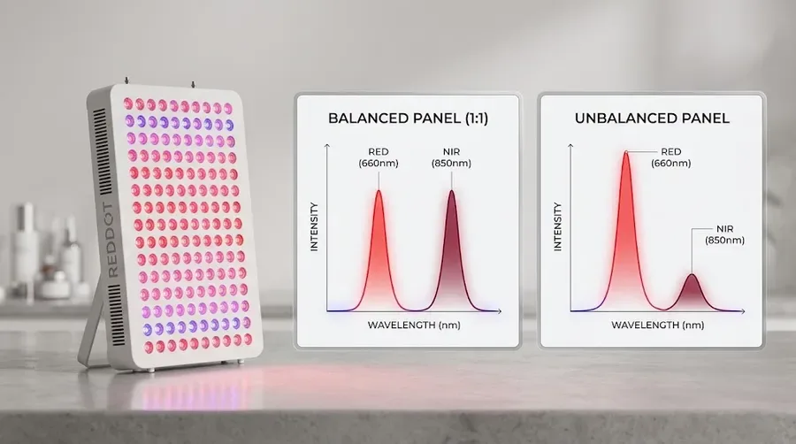 Side-by-side spectral graph comparing a balanced 1:1 ratio panel against an unba