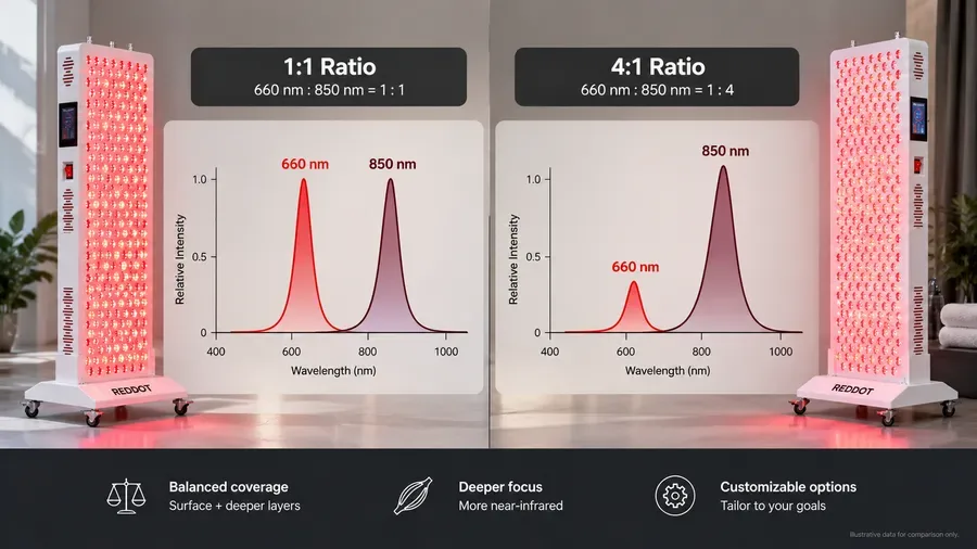 Side-by-side spectral graph showing a 1:1 ratio versus a 4:1 ratio of 660nm to 8