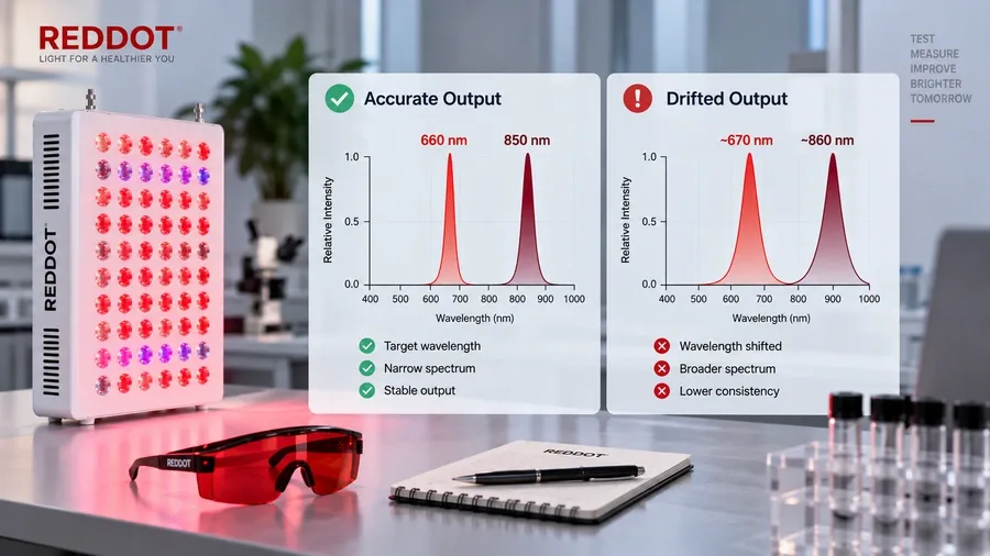 Side-by-side spectral graphs showing accurate versus drifted LED wavelength outp