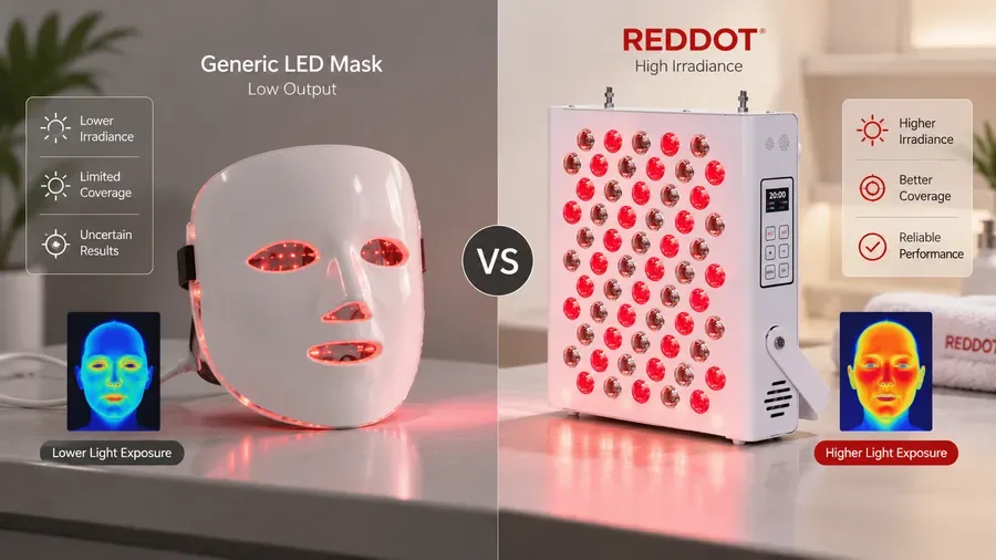 Side-by-side visual comparing generic low-output LED mask with high-irradiance d