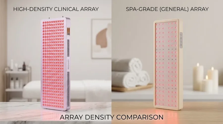 Side-by-side visual comparison of a high-density clinical LED array versus a spa