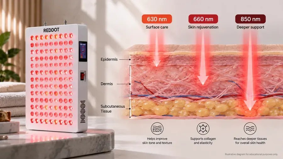 Skin layer penetration diagram showing which red light wavelength is best for an