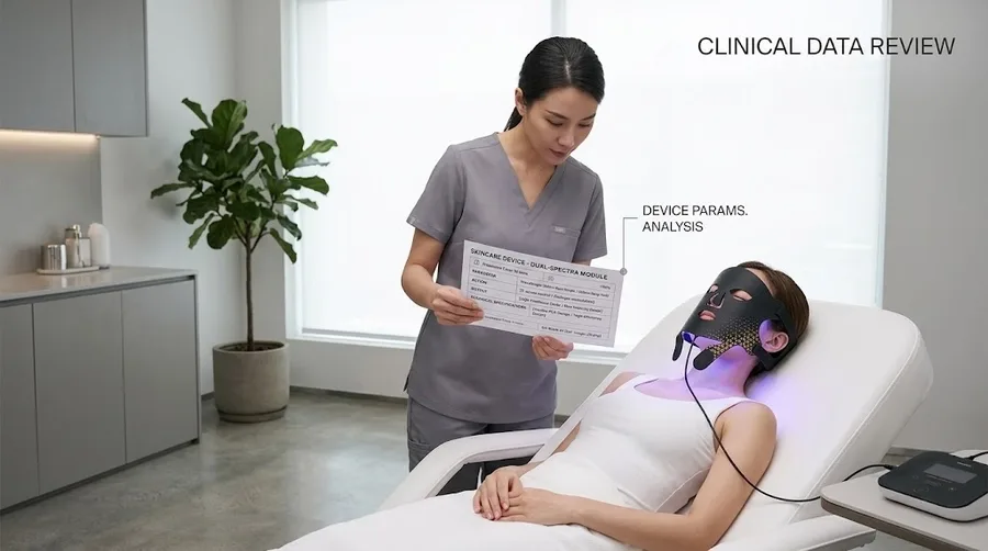 Skincare professional examining a device specification sheet next to a patient u