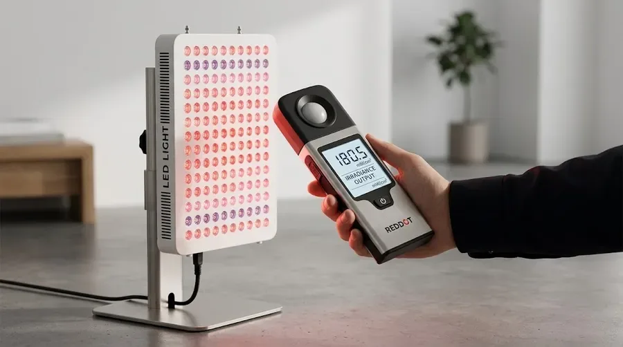 Solar power meter measuring irradiance output from a mounted home LED panel — Ho